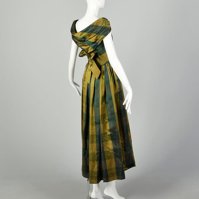 XS 1940s Green Gold Taffeta Party Dress Plaid Tea Length Gown Chevron Bodice