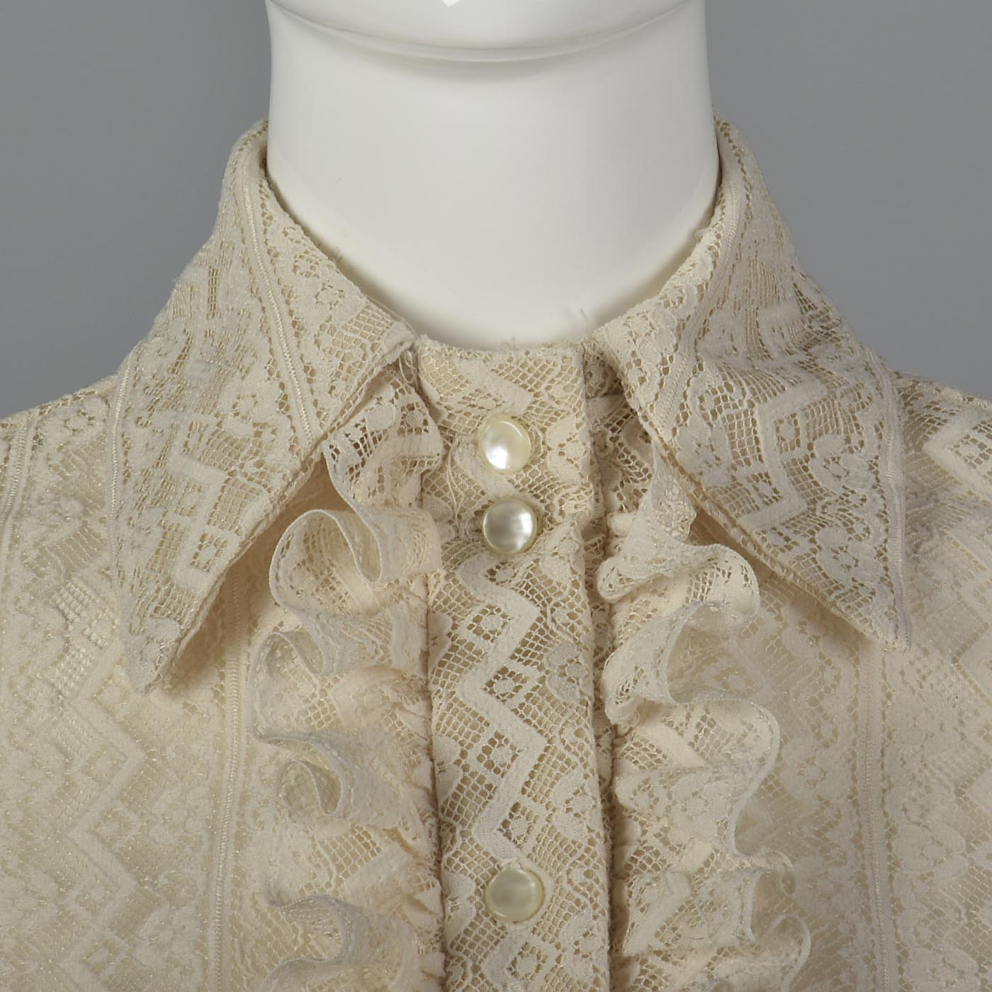 1970s Lace Blouse with Tuxedo Ruffle Front
