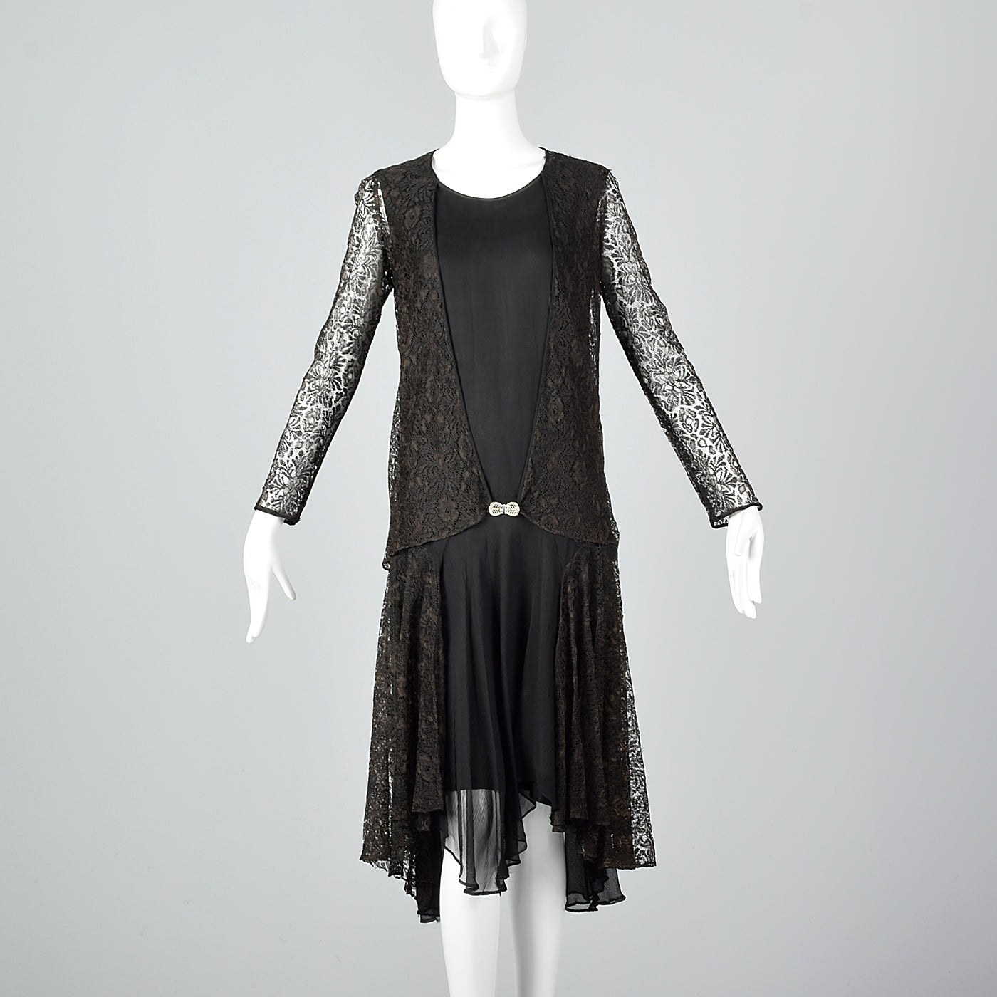 1920s Black Silk Dress with Lace Jacket