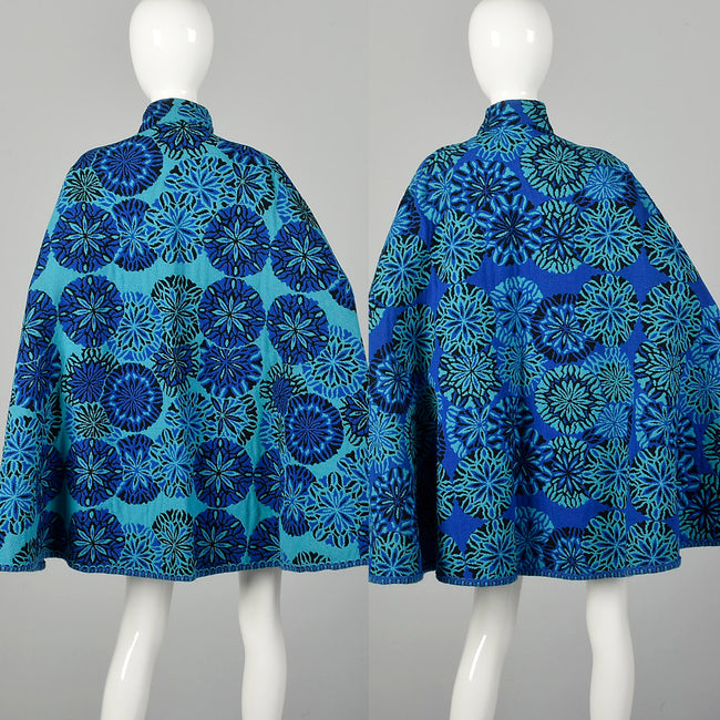 1970s Reversible Blue Floral Tapestry Cape