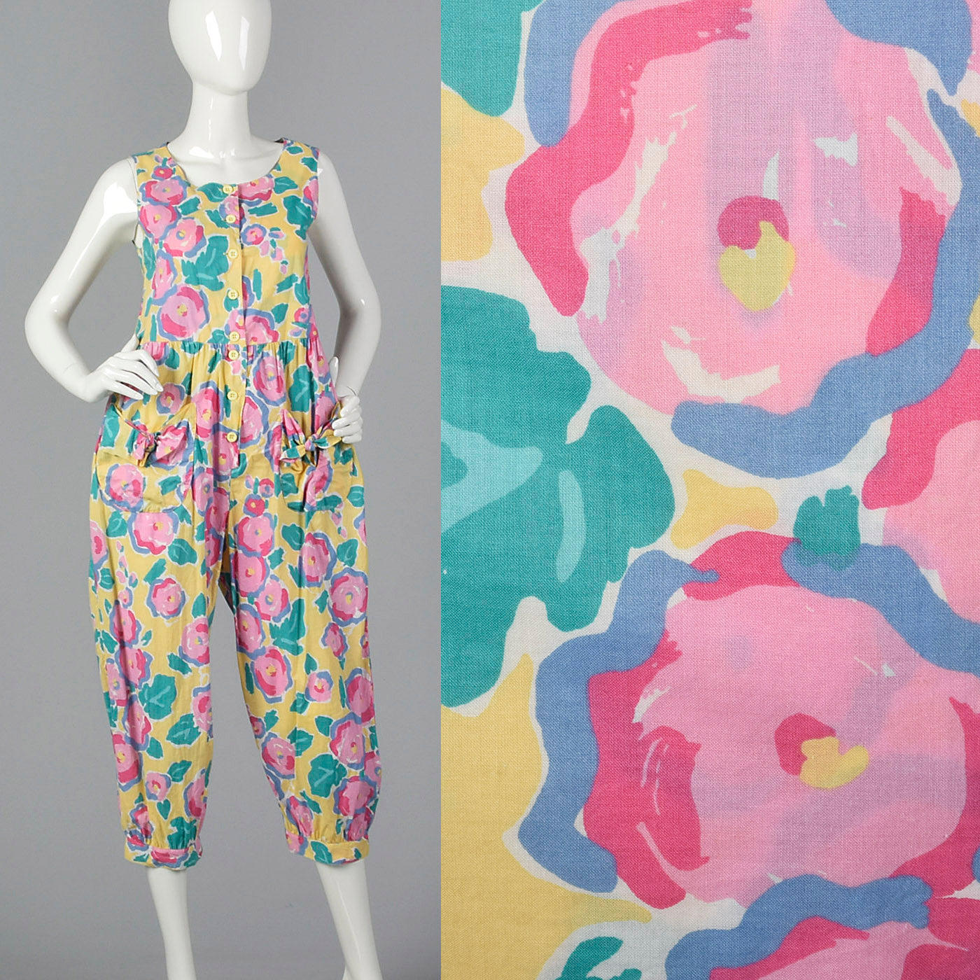 1980s Yellow Jumpsuit with a Bright Floral Print