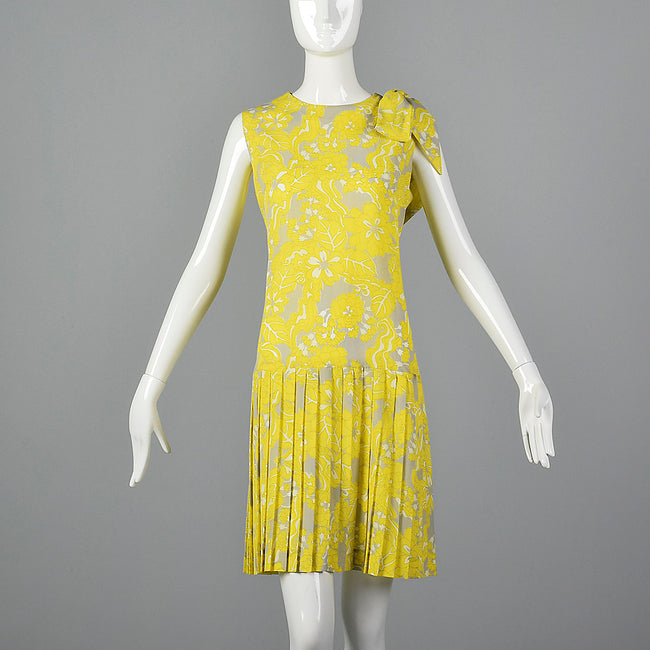 1960s Yellow Print Shift Dress with Drop Waist