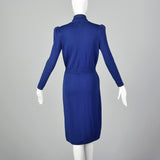 St. John 1980s Blue Faux Wrap Knit Dress