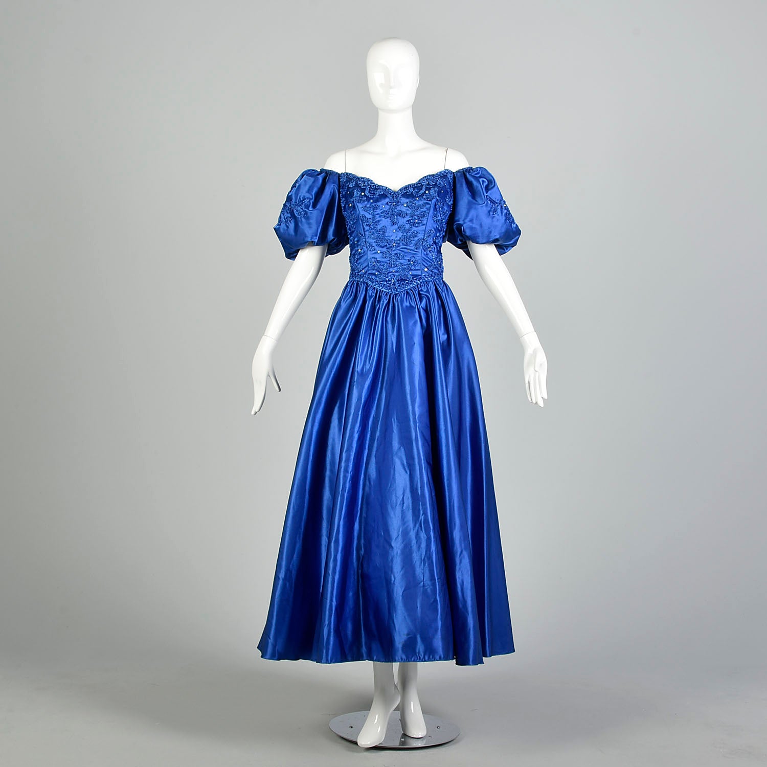 Large 1980s Mike Benet Formals Blue Ribbon Puff Sleeve Prom Dress