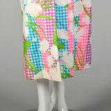Large 1970s Colorful Maxi Dress White Floral Bright Belt Long Sleeve