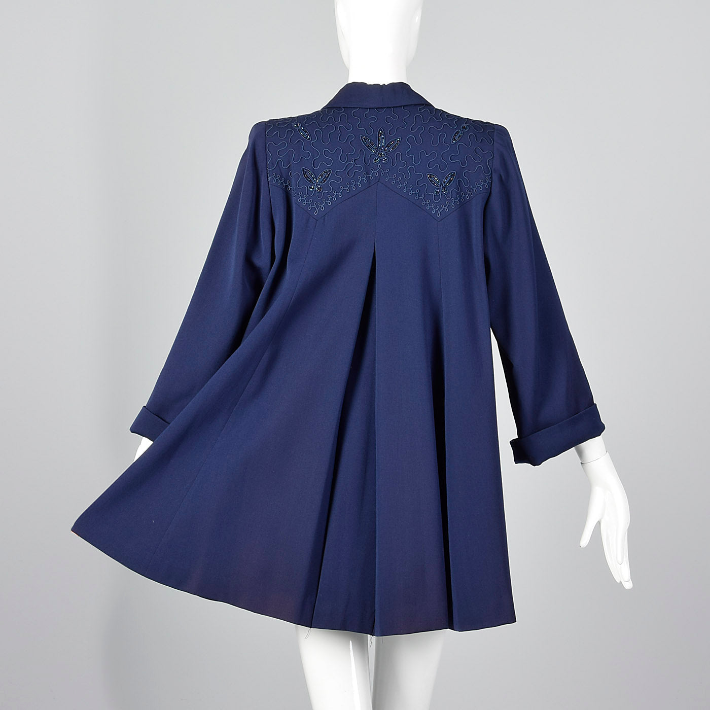 1940s Navy Blue Gabardine Swing Coat with Beading