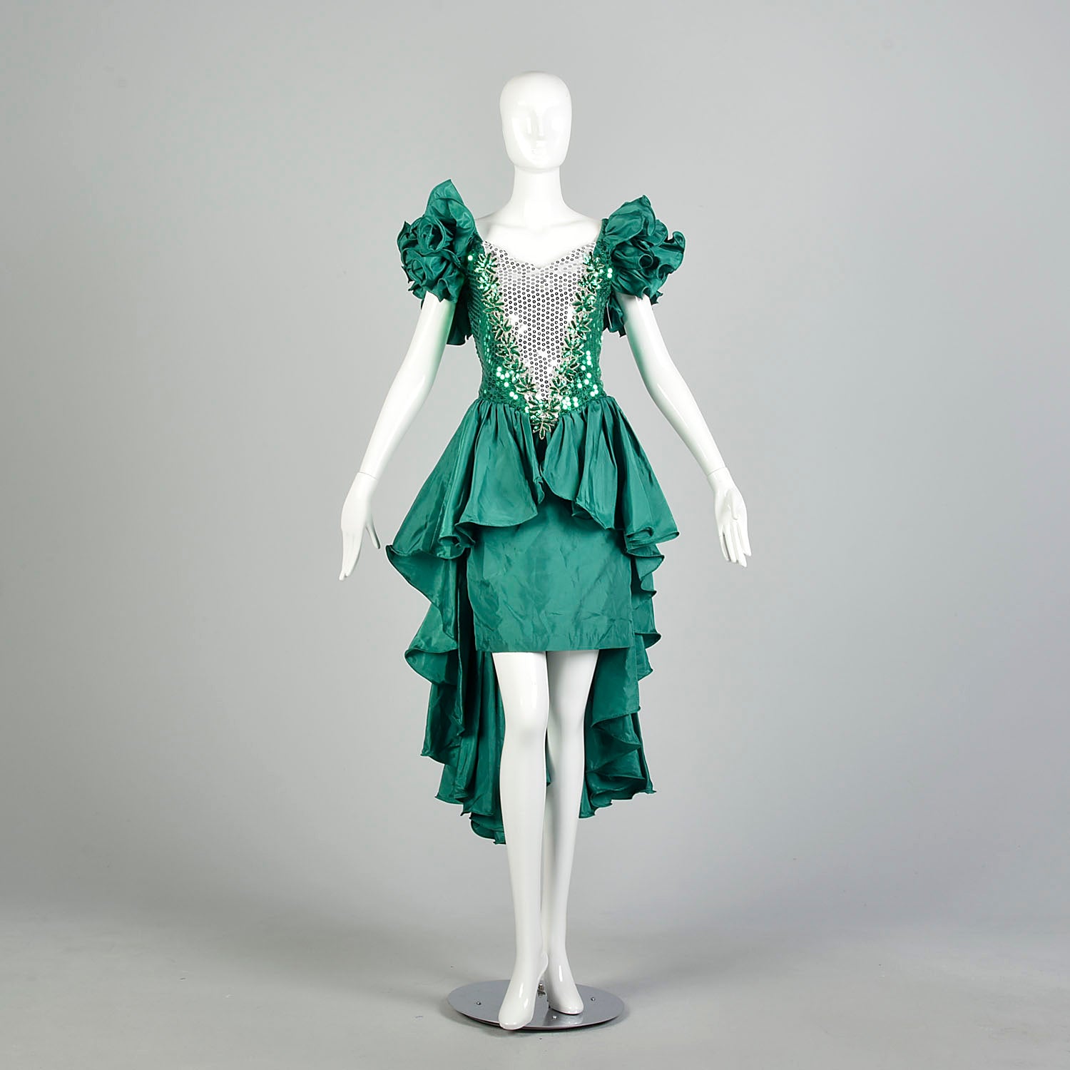 Medium 1980s Sequin Peplum Prom Dress Green Silver Hi-Low Hem Mini Pencil Skirt