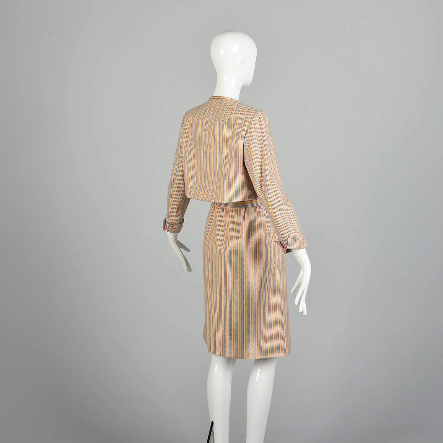 Large 1970s Pauline Trigere Bolero Jacket Skirt Set Rainbow Stripe Skirt Suit