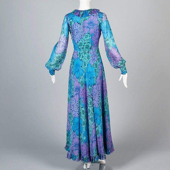 1960s La Mendola Silk Maxi Dress in a Blue Floral Signature Print