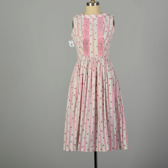 Medium 1950s Pink Floral Stripe Dress Sleeveless Casual Summer Fit and Flare Day Dress