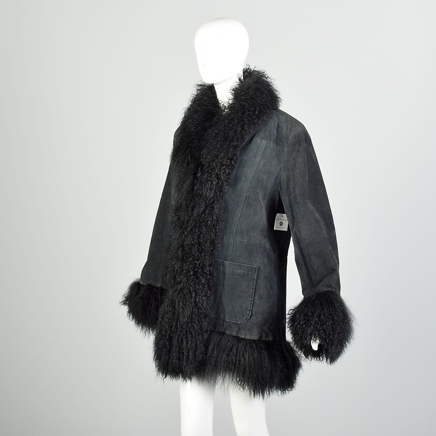 XL 1990s Fur Trimmed Winter Jacket Mongolian Lamb Black Suede Leather Car Coat