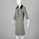 1960s Black Plaid Two Piece Skirt Suit with Velvet Collar