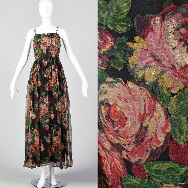 1960s Floral Evening Gown with Floral Applique Bust