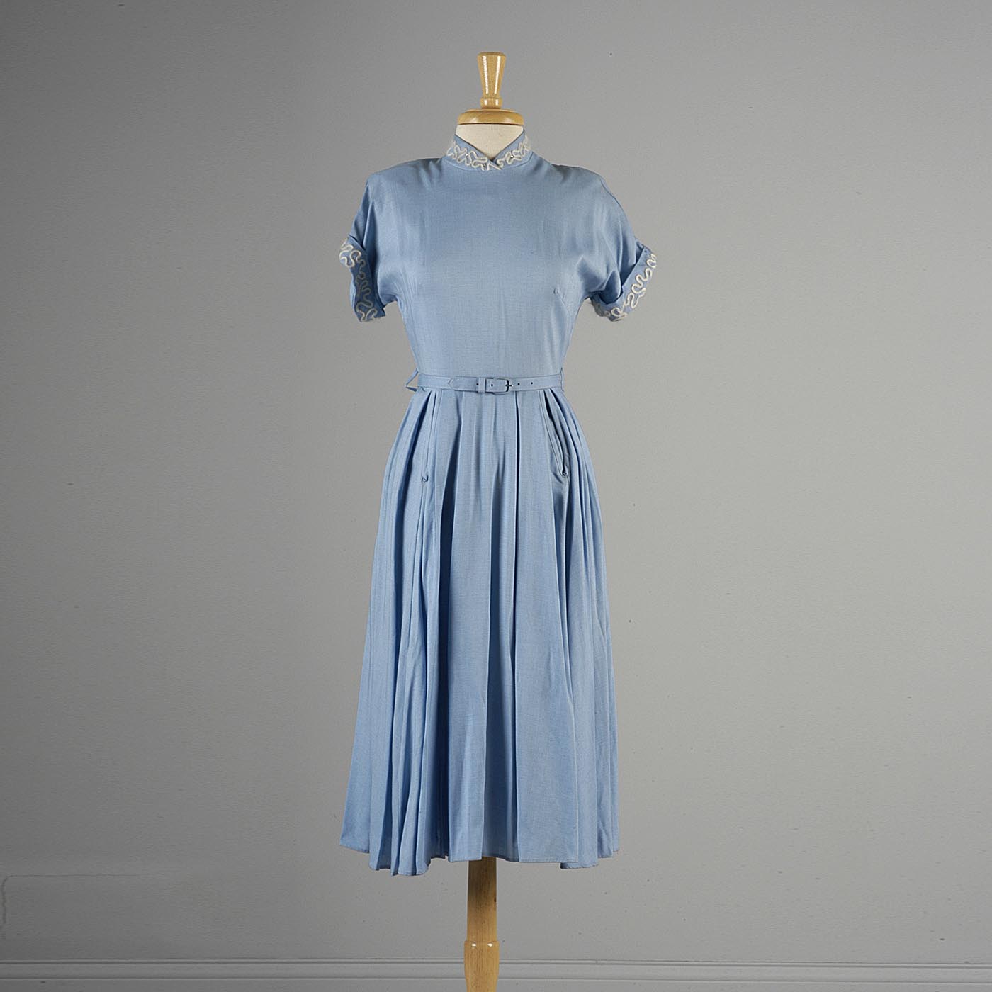 1950s Blue Short Sleeve Dress with Mohair Details