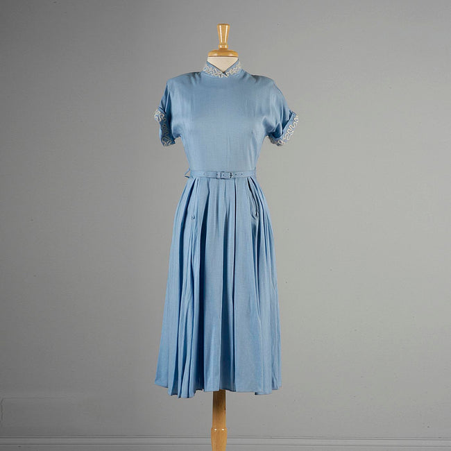 1950s Blue Short Sleeve Dress with Mohair Details