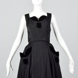 1950s Black Full Length Gown with Velvet Trim