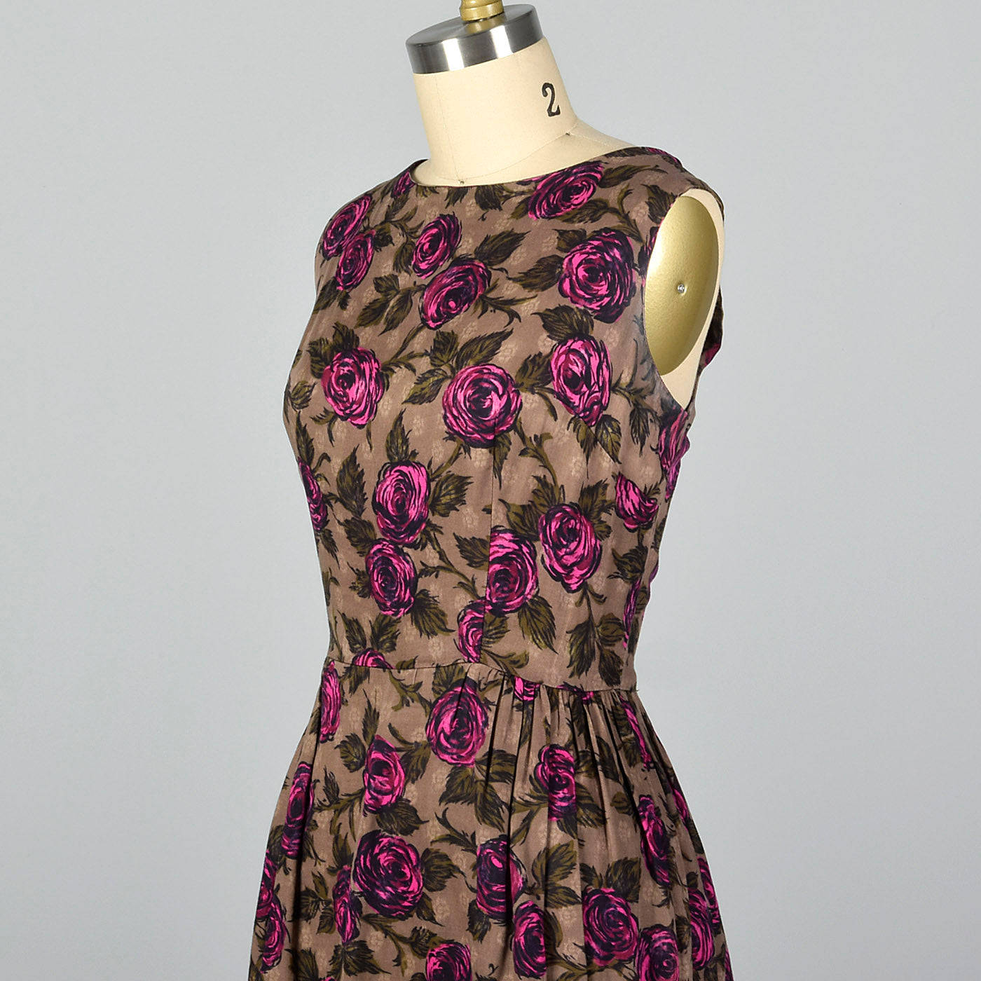 1950s Brown and Pink Rose Print Dress