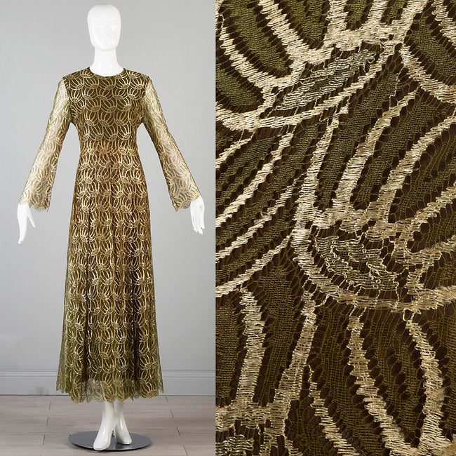 1960s Christian Dior Boutique Numbered Couture Gold Lace Gown