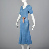 1930s Blue Crochet Dress with Ribbon Belt