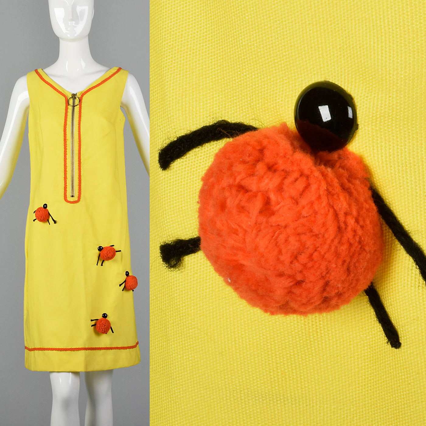 1960s Zip Front Dress with Pom Pom Ladybugs