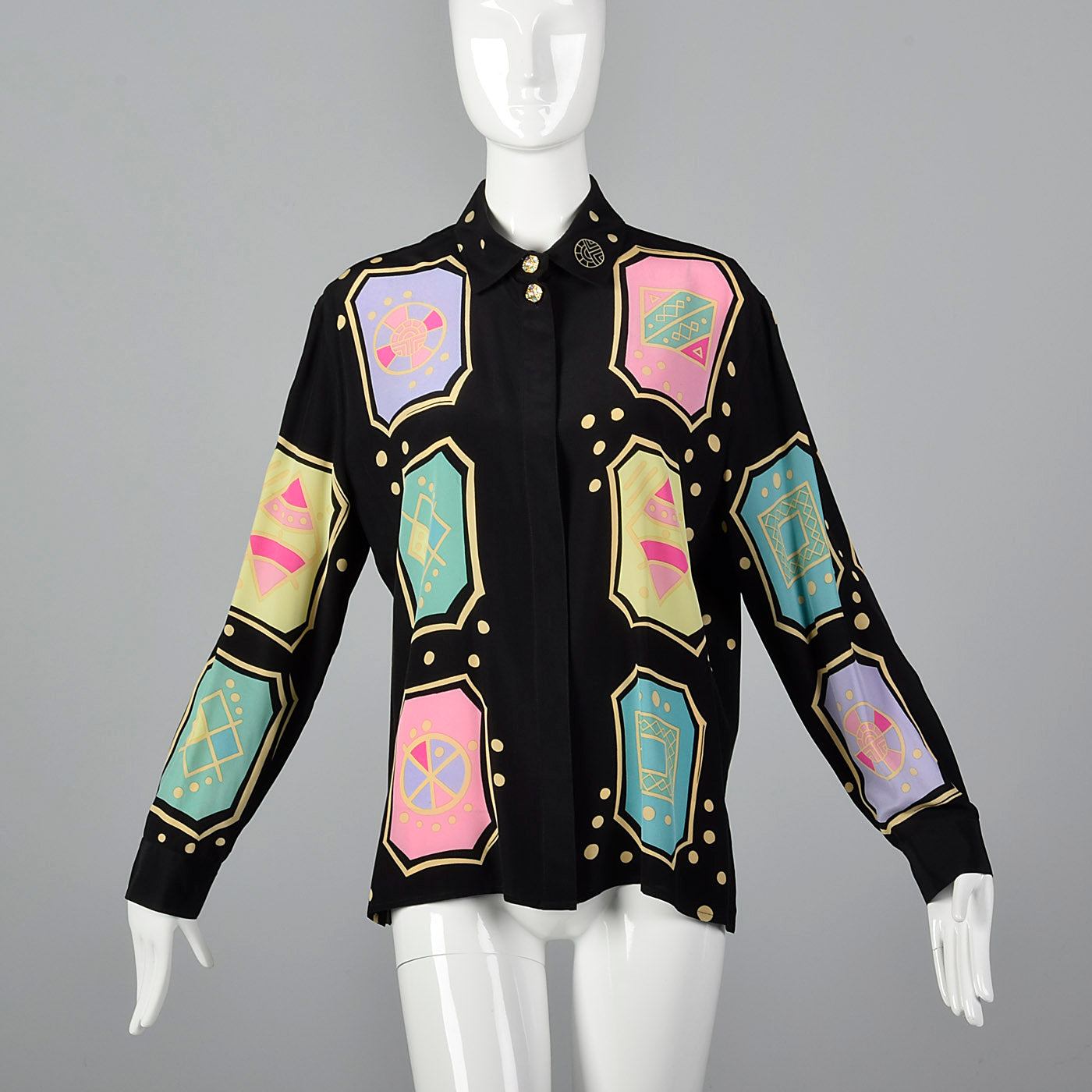 1990s Louis Feraud Silky Geometric Print Blouse