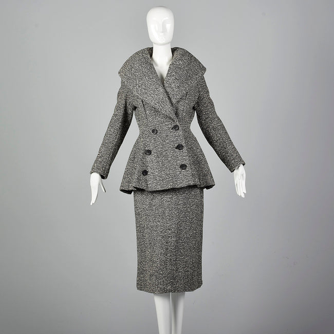 1950s Wool Tweed Skirt Suit with Sculptable Portrait Collar