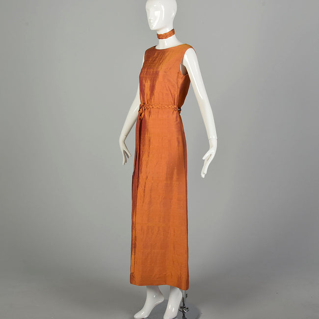 Small 1990s Orange Red Gold Silk Dupioni Sharkskin Dress with Belt and Accessories