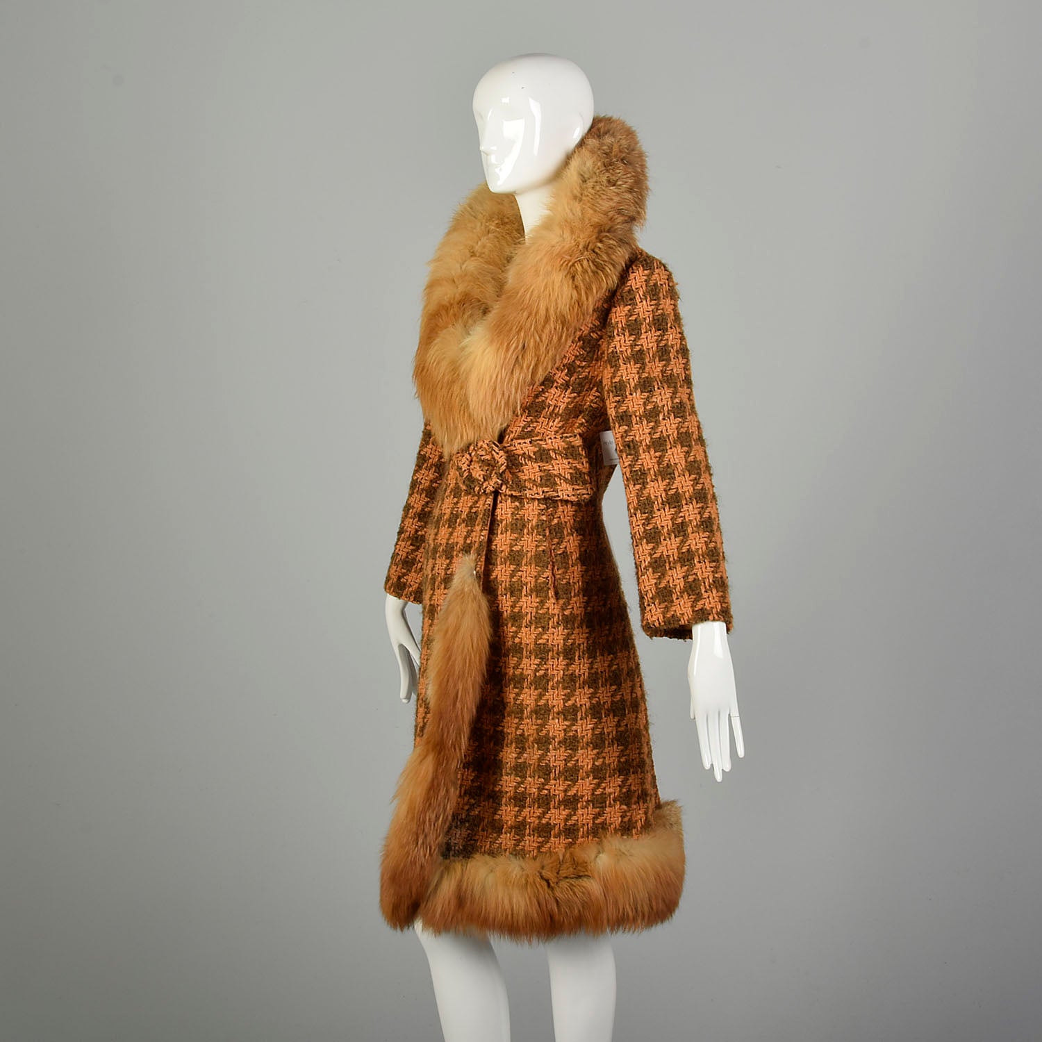 Large 1970s Coat Orange Brown Chunky Boucle Tweed Wool Real Fox Fur Winter
