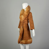 Large 1970s Coat Orange Brown Chunky Boucle Tweed Wool Real Fox Fur Winter