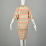 Medium 1980s St. John Set Knit Skirt Peach Shirt Striped Cardigan 3pc Ensemble