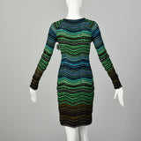 Medium M Missoni Green Knit Dress Blue Striped Long Sleeve