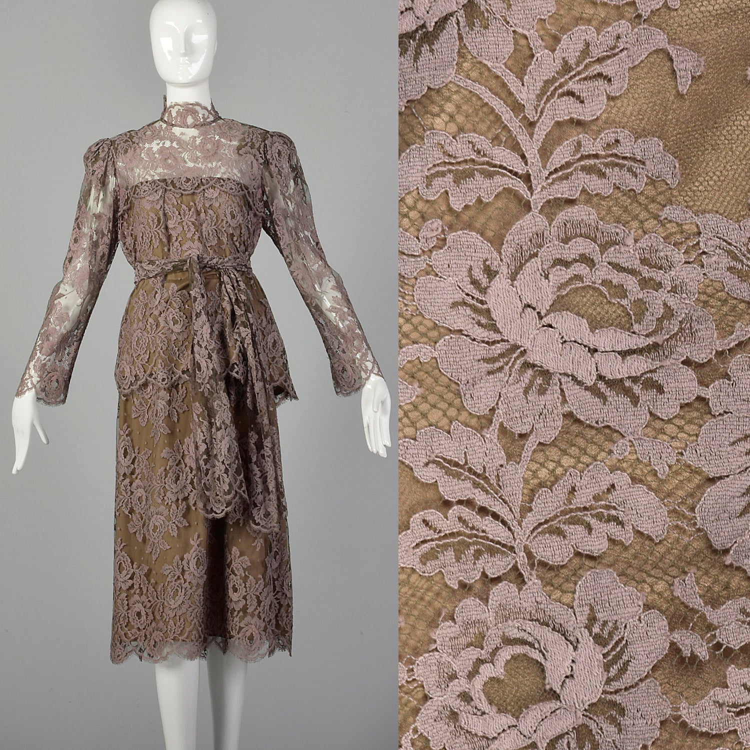 Large Becky Bisoulis 1980s Mauve Lace Skirt Set