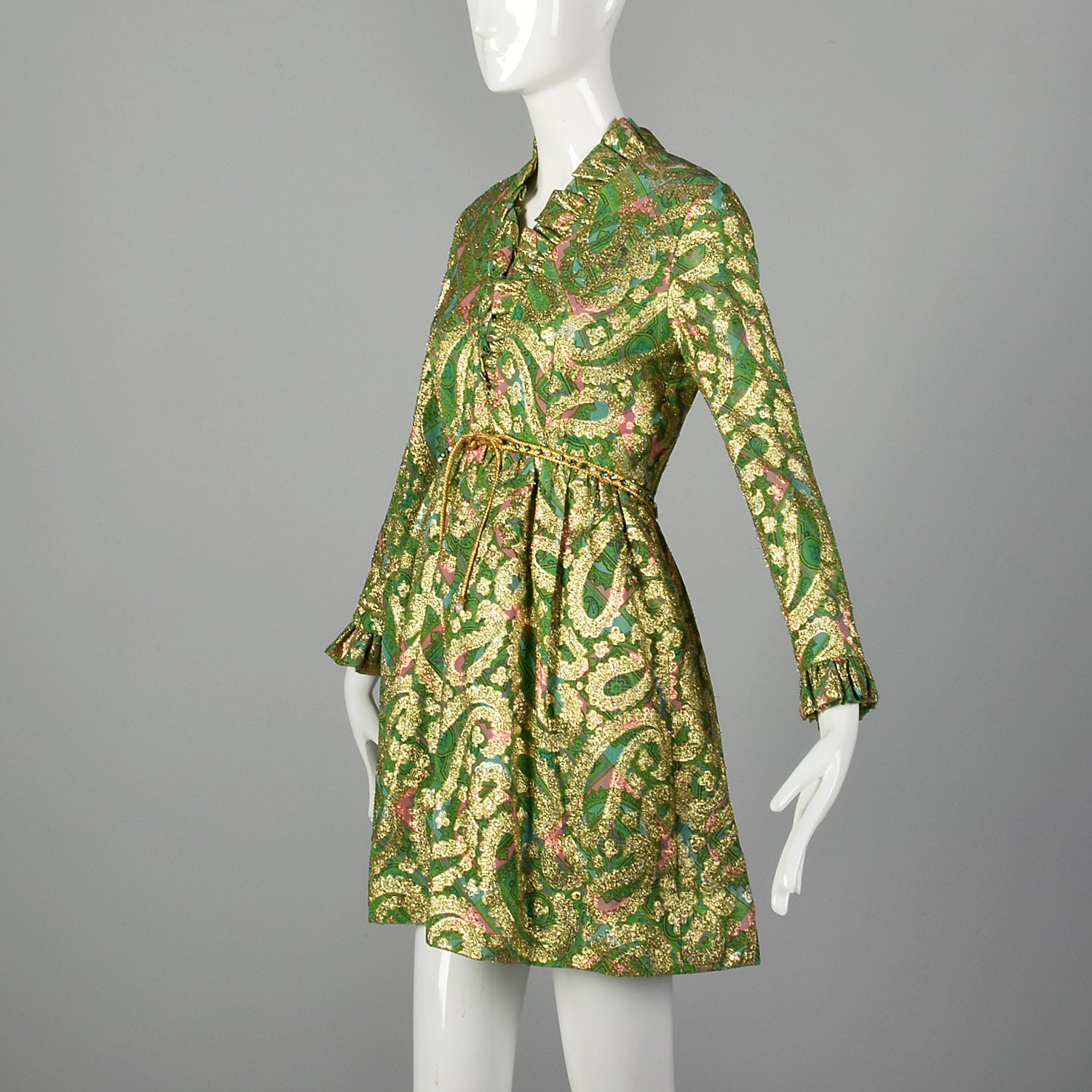 Small Mollie Parnis 1960s Green and Gold Paisley Dress