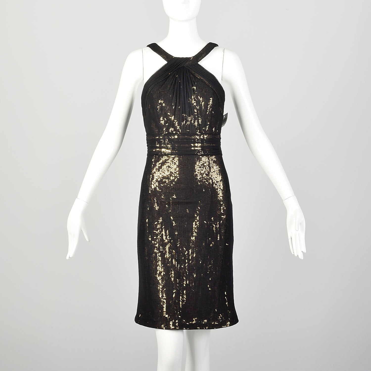 Medium Theia Black Party Dress Sheer Mesh Sleeveless Gold Sequin Mini