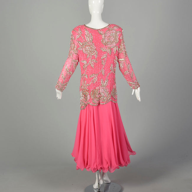 XXL 1980s Pink Formal Dress Silk Beaded Drop Waist