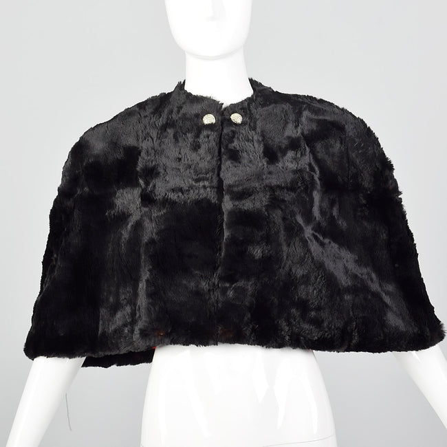 1940s Black Sheared Fur Stole with Red Satin Lining