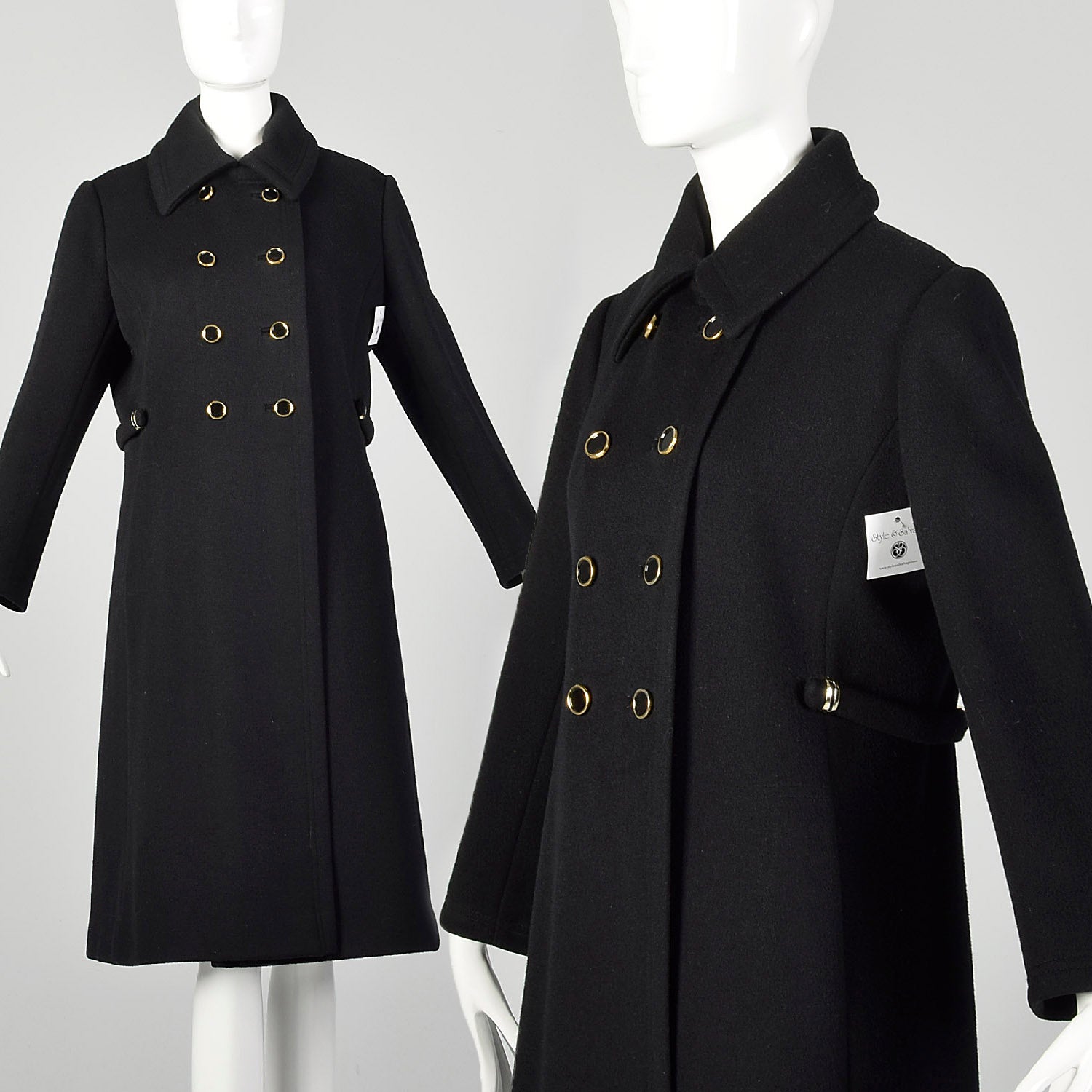 Small 1960s Mod Winter Coat Black Wool Double Breasted Overcoat