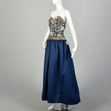 Medium 1990s Oleg Cassini Black Tie Blue Formal Gown Beaded Sweetheart Neckline