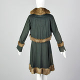 XS 1910s Green Wool Coat with Rabbit Fur Trim