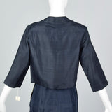 1960s Navy Blue Silk Skirt Suit with Mother of Pearl Buttons