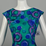 Large 1960s Dress Colorful Green Abstract Print Blue Sleeveless