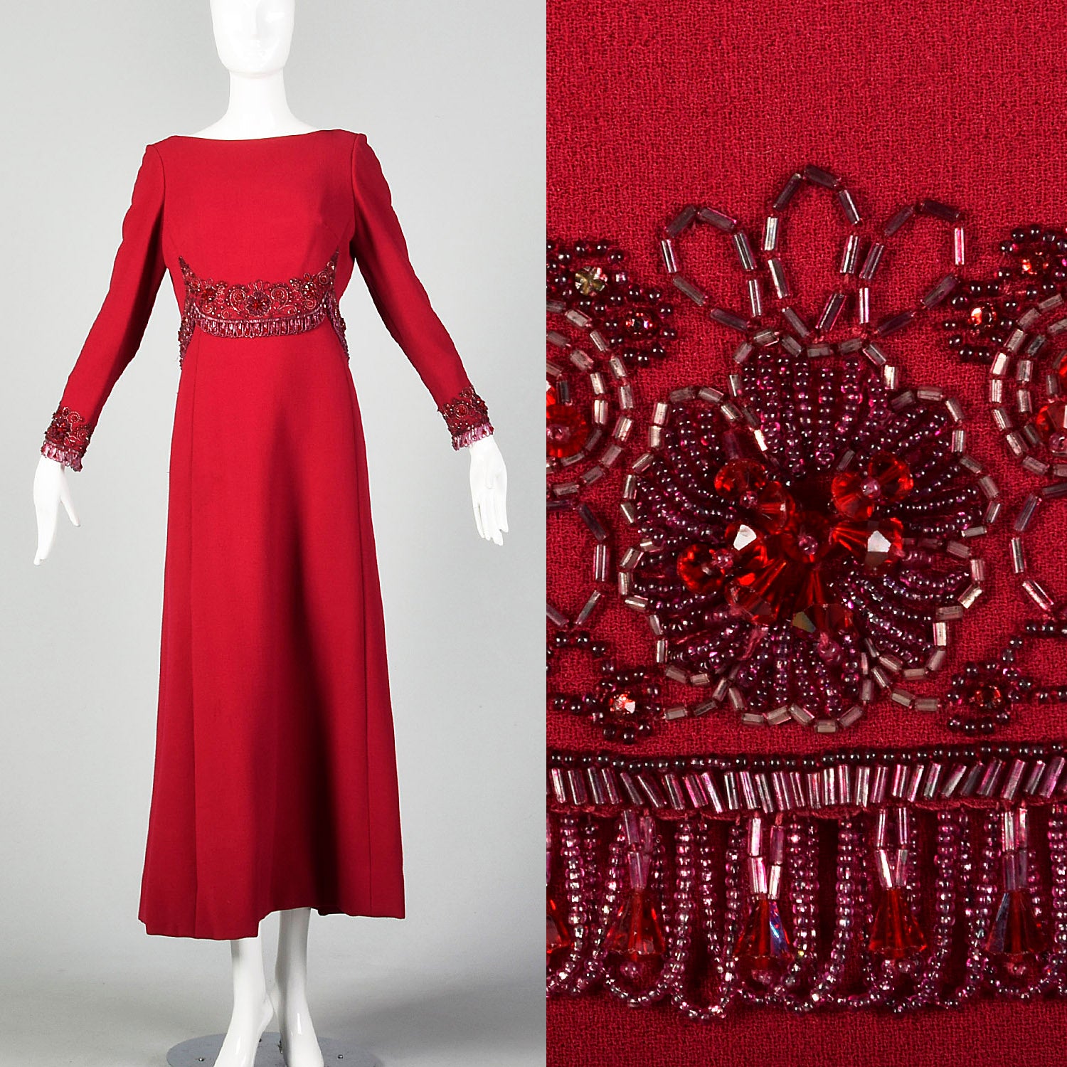 Small 1960s Catherine Scott Winter Formal Red Evening Gown Ensemble Designer Formal High End Silk Lined Hand Finished Set