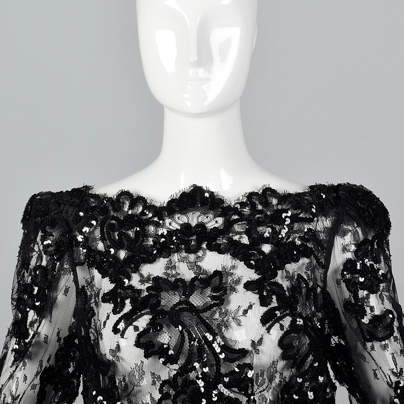 1980s Sheer Black Lace Dress with Sequins & Scalloped Hem
