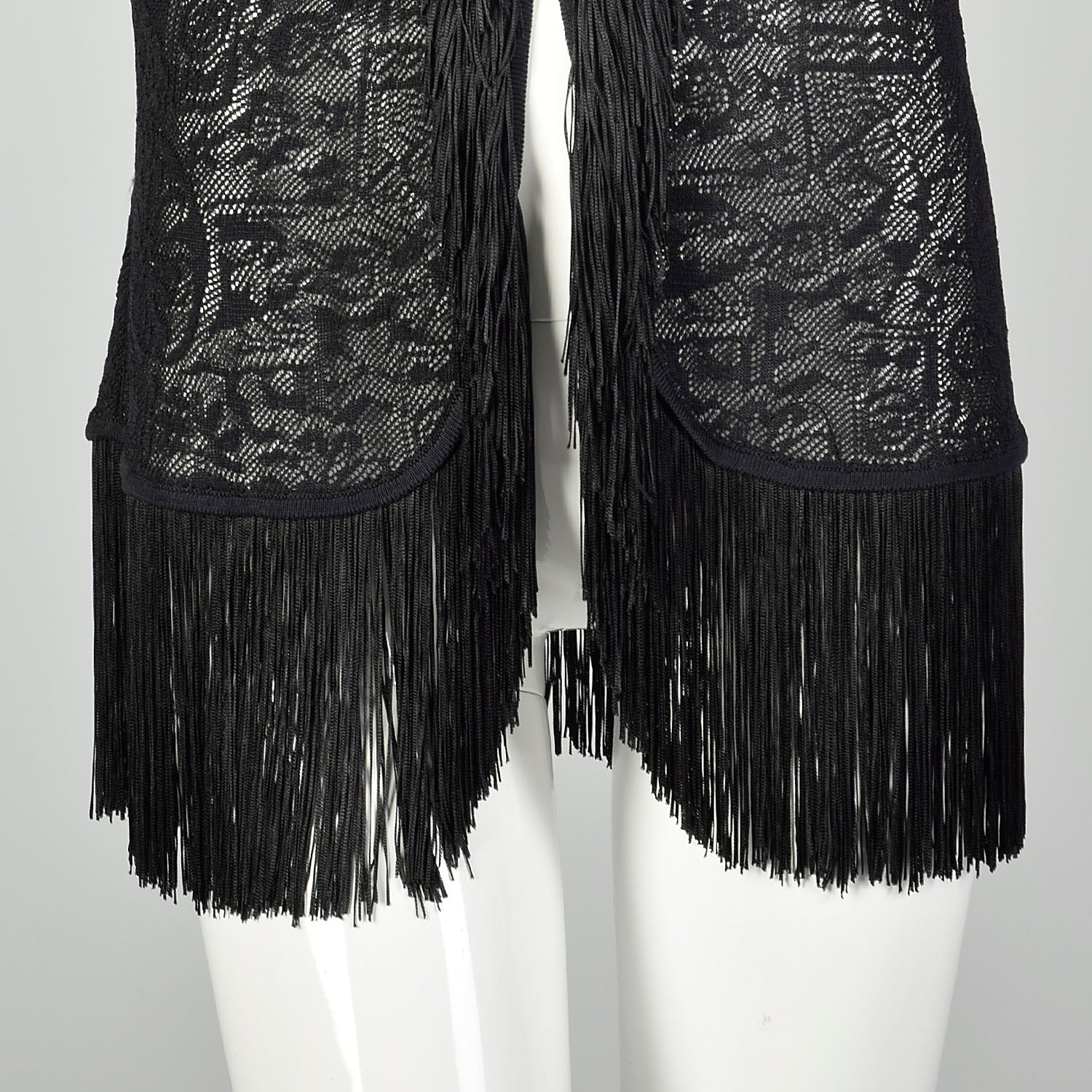 Large 1990s Escada Black Fringe Jacket Goth Sheer Lace Cardigan