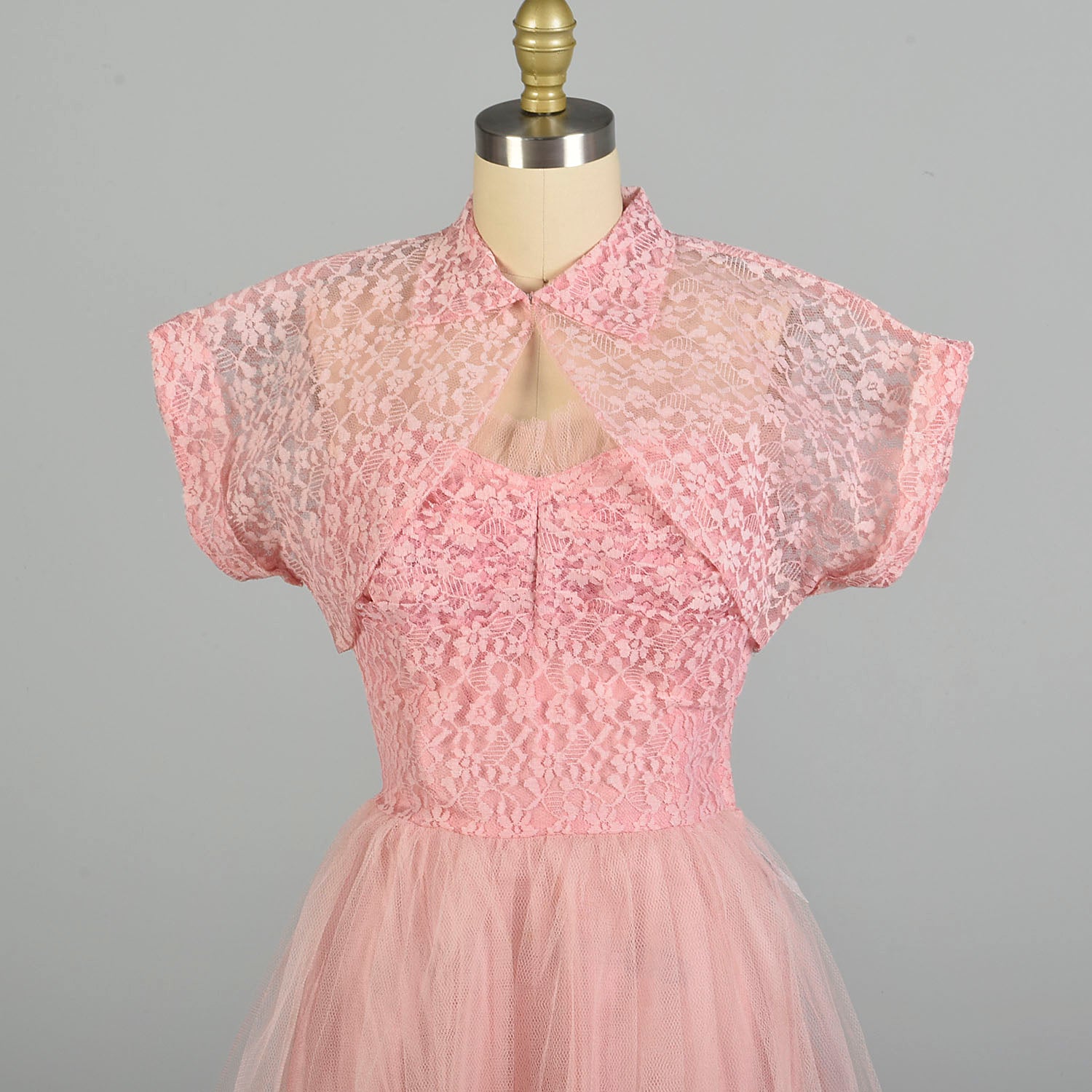 Small 1950s Strapless 2pc Set Pink Lace Tulle Evening Party Prom Dress