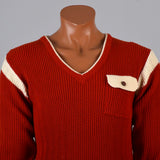1960s Men's MOD Bright Red Pullover Sweater with White Trim