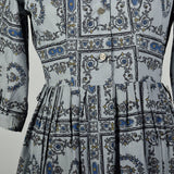 Large 1950s Day Dress Grey Novelty Block Print Cotton Summer
