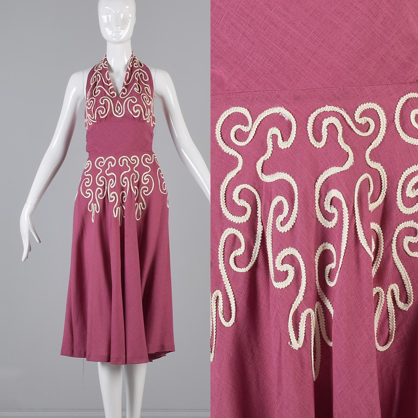1940s Pink Linen Halter Dress with Soutache Trim