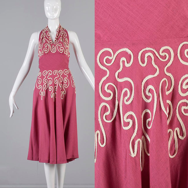 1940s Pink Linen Halter Dress with Soutache Trim