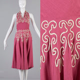 1940s Pink Linen Halter Dress with Soutache Trim